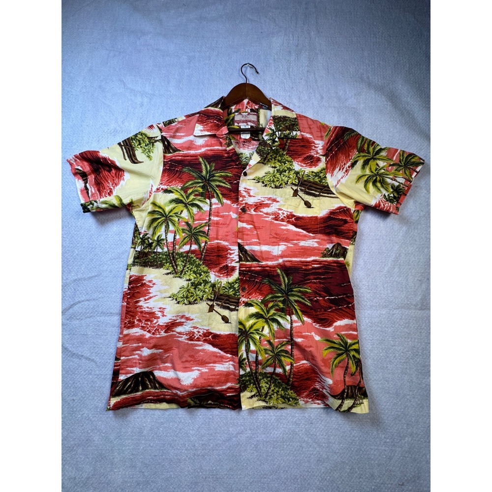 RJC Mens Hawaiian Shirt Large Red Yellow Tropical Palm Tree Canoe Made in Hawaii